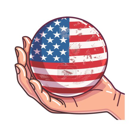 Hand presenting USA flag sphere, American patriotism concept, national emblem held carefully. Hand holding American flag ball, patriotic symbol, unity representation. Vector illustration cradling