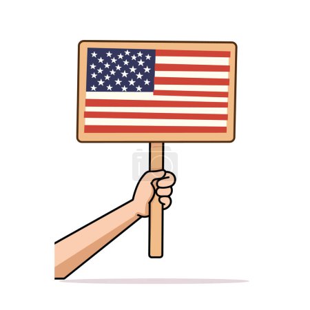 Hand holding American flag placard isolated white background. Patriotic event American flag sign display. National United States illustration
