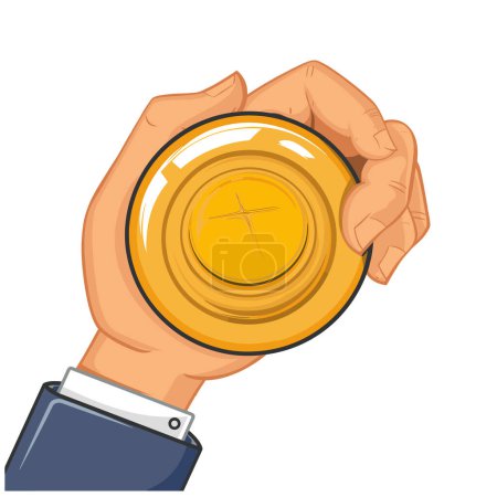 Goldmünze in der Hand, finanzieller Erfolg, Sparkonzept. Nahaufnahme Hand greift Münze sicher, finanzielle Verantwortung, Investitionswert-Symbol. Hand im Cartoon-Stil, Geschäftskleidung, Symbol
