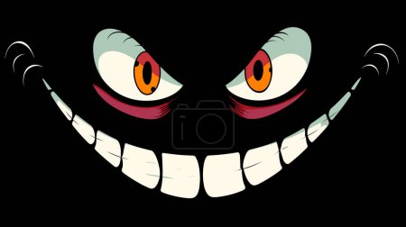 Creepy smile cartoon face, red eyes menacing grin. Scary Cheshire Cat impression dark background. Malevolent expression, mischievous character graphic design
