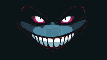 Cara de dibujos animados sonrisa espeluznante, ojos rojos sonrisa amenazante. Scary Cheshire Gato impresión fondo oscuro. Expresión malévola, diseño gráfico de carácter travieso