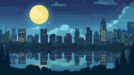 Nighttime cityscape vector illustration featuring skyscrapers glowing windows reflected water under full moon starry sky. Peaceful urban scene Wall Art, tranquil night city graphic design. Cartoon