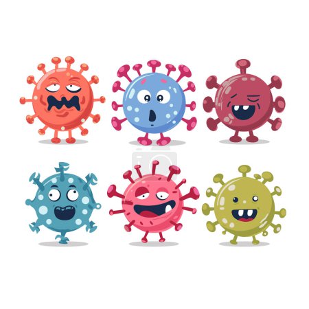 Six cartoon virus characters exhibit diverse emotions colors, representing pathogens. Cute microbes display quirky faces, expressing disease infection humor. Vivid colored germ mascots bring