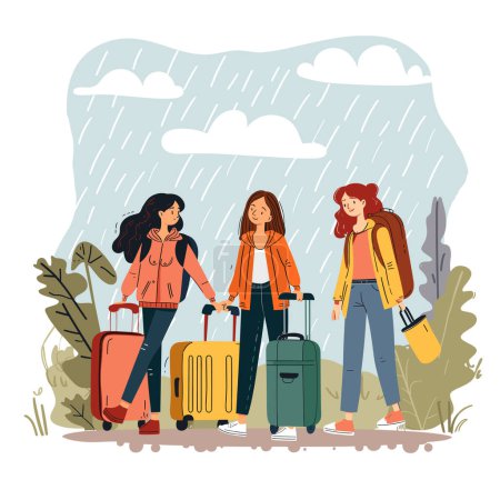 Tres mujeres jóvenes viajando juntas durante el tiempo lluvioso, sonriendo a pesar de la lluvia, equipaje de mano listo aventura. Mujer amigos viaje, de pie en medio de la naturaleza, alegre viaje sin inmutarse llovizna triste