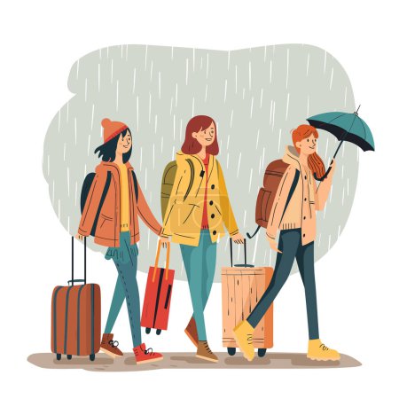 Illustration for Three young women walk side side carrying luggage umbrella depicting travel during rainy weather, smiling despite rain, woman sports casual autumn apparel, jackets boots, emphasizing seasonal - Royalty Free Image