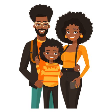 Familia afroamericana unida, vínculo infantil con los padres, retrato familiar, etnia afroamericana, moda casual, personajes alegres, familia, unidad