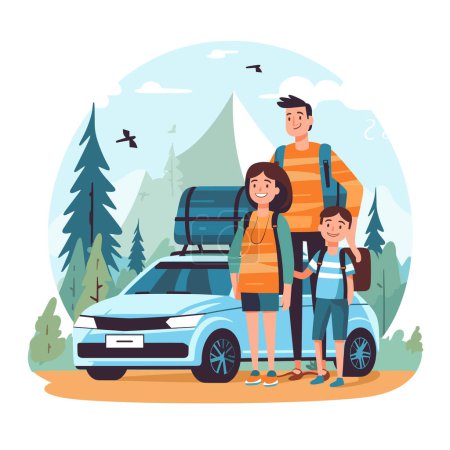 Famille prêt voyage de camping debout près de la voiture emballé zone de forêt de bagages. Deux enfants, un garçon, une fille, des sacs à dos souriants, un homme adulte à côté d'eux, profitant de la nature, des oiseaux volant au-dessus de leurs têtes. Voiture