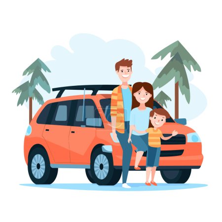 Family road trip concept, cartoon parents child standing orange car, sunny day outdoor vacation. Happy family, mother father son, leisure travel, adventure journey illustration, pine trees scenery
