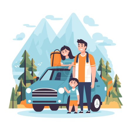Family ready road trip near car mountains background. Cartoon dad, mom, children vehicle outdoor adventure travel. Happy parents kids standing car before mountain vacation journey