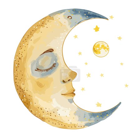 Sichel Mond Gesicht Sterne Himmel heitere Illustration. Goldene Mondsichel schlafendes Gesicht geschlossenes Auge, Sterne, kleiner Vollmond. Künstlerische menschliche Züge, friedlicher Himmelskörper