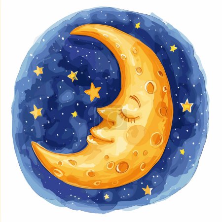 Golden crescent moon cradled navy blue night sky adorned twinkling stars. Cheerful moon sleeping peacefully surrounded cosmic space. Artistic celestial body illustration evoking bedtime stories