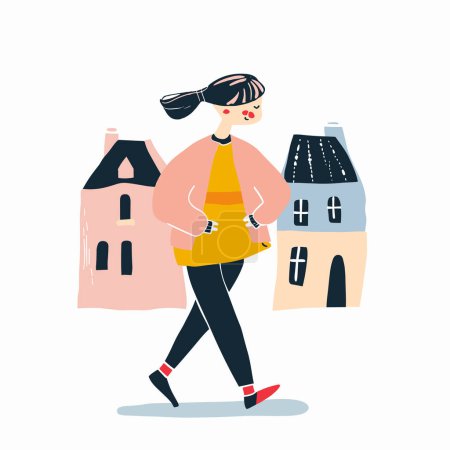 Young woman walking confidently past stylized houses, casual urban scene, modern fashion. Smiling female strolls selfassured stride, vibrant city life, cartoon character. City walk illustration