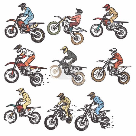 Illustration for Nine motocross riders illustrated performing dirt bike stunts, wearing colorful racing gear, helmets. Riders midaction, varied stances, sporting different hues, showcasing motion, sports theme - Royalty Free Image