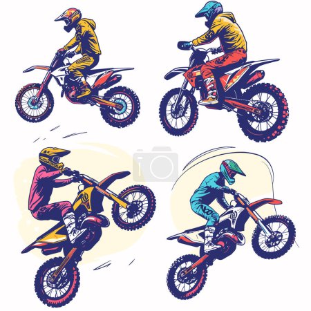 Four colorful illustrations motocross riders performing stunts, rider wearing helmet, racing gear shown action midair. Graphic style vibrant colors dynamic poses