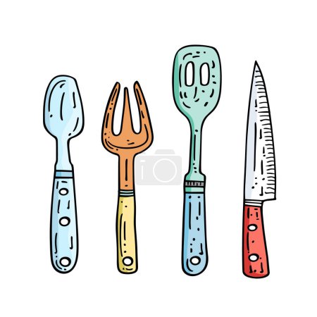 Handdrawn illustration kitchen utensils colorful cartoon style, cooking cutlery set spoon fork slotted turner knife, culinary tools doodle. Kitchenware sketch isolated white background, food