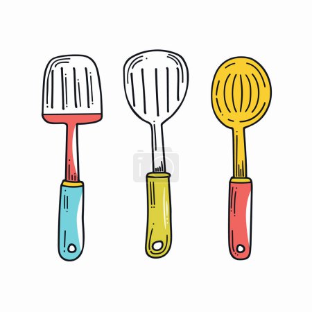 Three colorful kitchen utensils illustrated against white background. Hand drawn vector spatula, whisk, slotted spoon vibrant handles. Cooking tools cartoon illustration doodle style