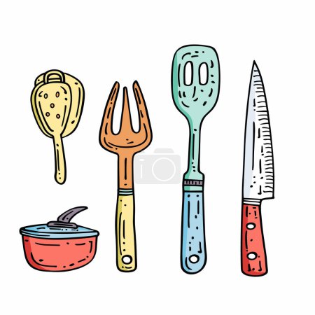 Handdrawn kitchen utensils colorful set featuring spatula, fork, slotted spoon, knife, pot soup. Cartoon style kitchenware cooking isolated white background. Bright culinary tools illustration