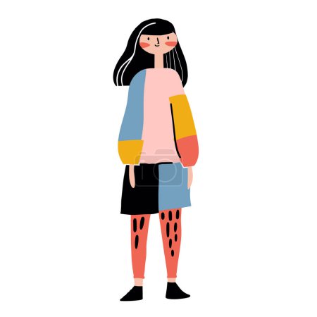 Young woman standing confidently, black hair, pink cheeks, fashionable clothes, contemporary style, cartoon character. Modern female illustration, playful outfit, colorful sweater, skirt, polka dot