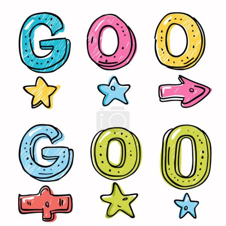 Handgezeichnete Stil bunte Buchstaben buchstabieren GO zweimal, Sterne Pfeilkritzeleien. Cartoonartige Grafiken, lustiges spielerisches Design für Kinder. Lebendige blaue, rosa, gelbe, grüne Buchstaben symbolisieren gegen