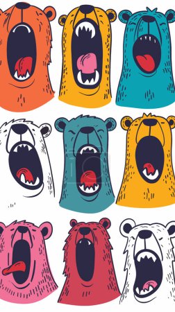 Téléchargez les illustrations : Collection visages d'ours rugissants colorés, style dessin animé, différentes expressions, illustration simple. Set têtes d'ours montrant la colère, les cris, les bouches ouvertes dents acérées, de différentes couleurs. Tiré à la main en colère - en licence libre de droit