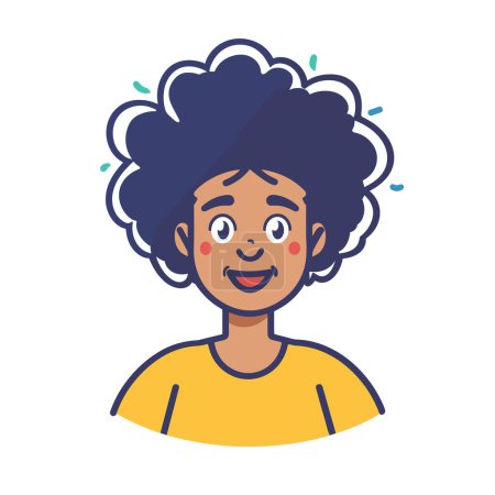 Illustration for Young African American girl smiling happily, expressive eyes cheerful emotion, casual wear. Dark curly hair, yellow shirt, joyful child, cute cartoon character, vibrant colors, upper body portrait - Royalty Free Image