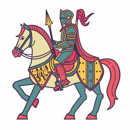 Illustration for Medieval knight horseback armor spear ready battle. Vibrant colored vector illustration knight full armor riding decorated horse, horse adorned yellow, red, green garb historical reenactment - Royalty Free Image