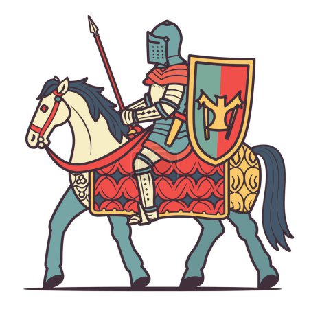 Mittelalterlicher Ritter mit Pferd, bewaffnetem Speerschild und Rüstung. Retro-Stil Vektor Illustration Ritterlichkeit, historische Reenactment. Bunte Zeichnung zeigt historische Kriege, ritterliche Tugenden