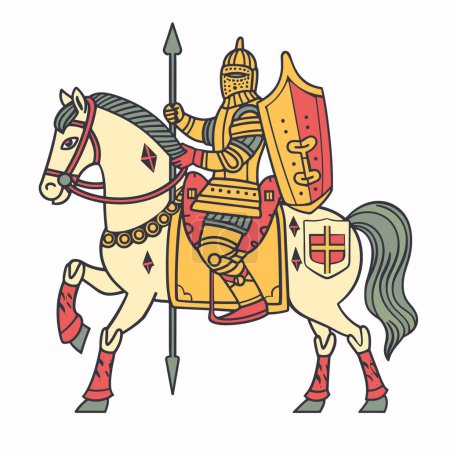 Illustration for Medieval knight mounted horseback, armed spear, wearing armor. Detailed illustration knight battleready pose, historical reenactment. Colorful drawing featuring middle ages warrior, coat arms - Royalty Free Image