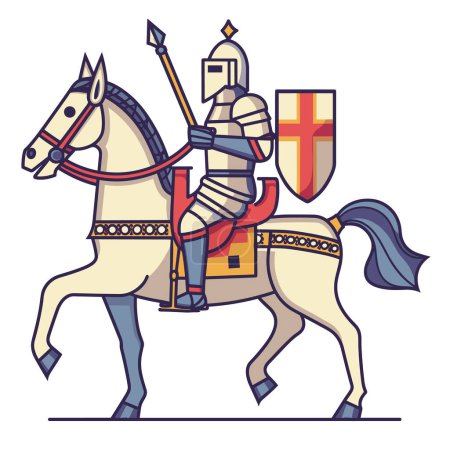Medieval knight mounted horseback holding lance shield ready battle colorful cartoon. Armored knight horse riding lance wielding shield bearing symbols valor chivalry, regalia historic attire horse