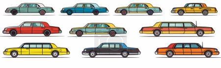 Oldtimer Seitenansicht bunte Sammlung klassisches Automobildesign. Retro-Automobil-Profile sortiert Farben Limousine Fahrzeug Grafiken. Altmodische Transport-Illustrationen verschiedene Modelle