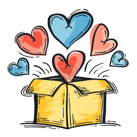 handgezeichnete gelbe Geschenkschachtel explodierende bunte Herzen. Liebesherzen tauchen lebhaft auf und signalisieren Überraschung, Zuneigung, Feier. Cartoon-Herzen in roten Blautönen fliegen aus Pappschachtel