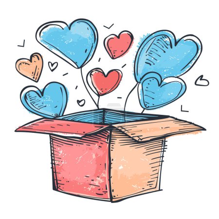 Téléchargez les photos : Esquisse dessinée à la main ballons en forme de cœur émergeant boîte en carton suggérant surprise, amour, concept cadeau. Représentation créative amour bonheur, émotions, célébration gribouillage, graphique ludique. Vibrant - en image libre de droit