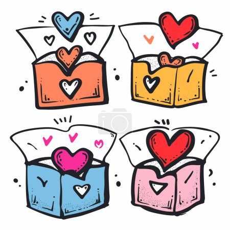 Four colorful gift boxes heart shapes popping out, handdrawn cartoon style, box unique color hearts varying sizes, perfect Valentines Day. Hearts represent love, gift boxes symbolize giving, festive