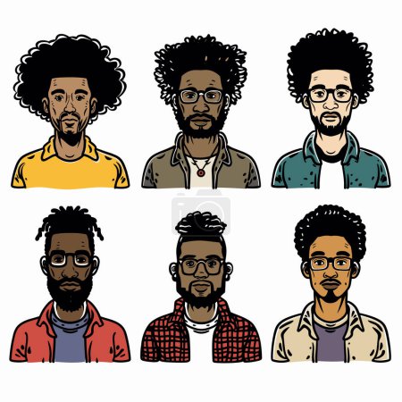 Six African American male portraits, various hairstyles, facial hair, expressions. Men wearing casual shirts, glasses, one beard, different looks, vector illustration. Collection diverse male faces