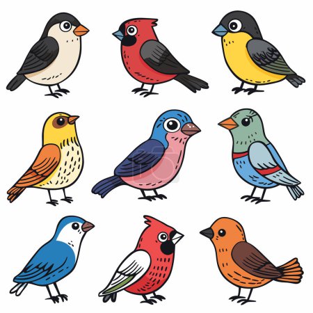 Collection oiseaux stylisés mignons illustrés de différentes couleurs. Oiseaux de dessin animé aux nuances bleues, rouges, jaunes, brunes. Neuf motifs de formes simples dépeints colorés