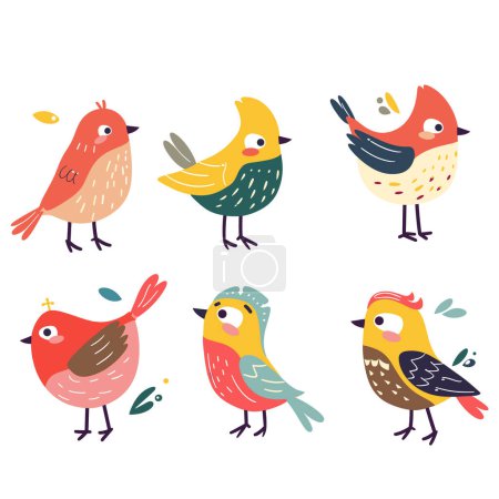 Colorful cartoon birds illustrated whimsical style. Six unique cheerful birds displaying different poses expressions, bird features mix vibrant colors red, yellow, blue, green