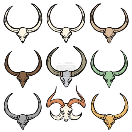 Set bull skulls various colors, horned animal, skull illustrations. Collection bovine skulls, color variations, western theme graphics. Decorative skulls tattoo apparel design, colorful cow skulls