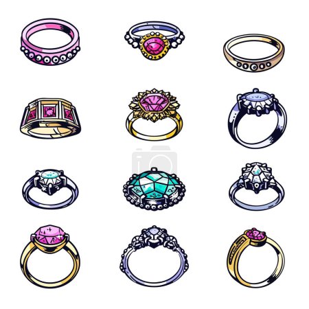 Colección coloridos anillos de compromiso, varios diseños, piedras preciosas, joyas. Anillos surtidos con diamantes, zafiros, intrincados trabajos de metal, fondo blanco aislado. Participación en la selección