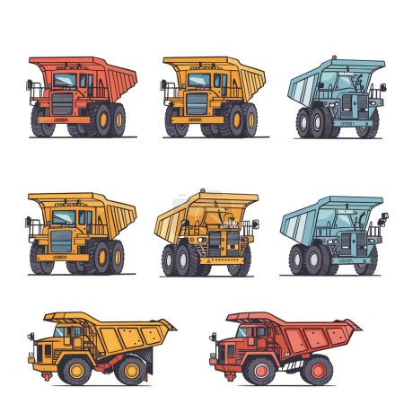 Illustration for Six different styles mining dump trucks illustrated. Mining industry vehicles featuring various colors designs. Detailed vector illustration heavyduty trucks construction mining - Royalty Free Image