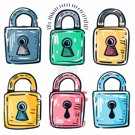 Six colorful padlocks handdrawn cartoon style. Various colors padlock security concept doodle illustration. Colorful locks keyhole icons graphic design isolated white background