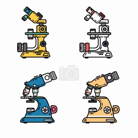 Cuatro ilustraciones vectoriales de microscopios de colores, diferentes esquemas de color. Equipo de ciencia de laboratorio estilo de dibujos animados. Brillantes microscopios de colores vibrantes contenido educativo adecuado