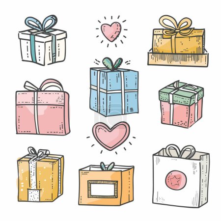 Collection handdrawn gift boxes hearts, colorful festive design, presents wrapped ribbons. Birthday celebration, special occasion, holiday doodle set, giftgiving theme, artistic sketch. Variety