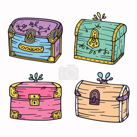 Colorful treasure chests cartoon doodle, hand drawn storage containers, vibrant hues. Four different treasure chests, playful design, lock clasp details, pasteltoned, kids pirate game
