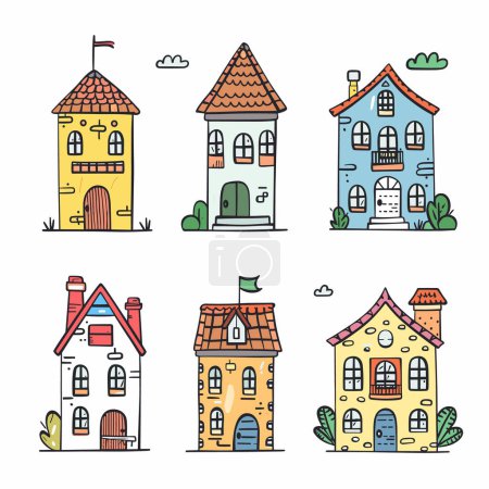 Six colorful cartoon houses, its own style, doors, windows, roof, small details such clouds plants. Brightly colored, whimsical residential buildings illustrated fun childfriendly style. Quaint