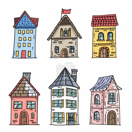 Bunte handgezeichnete Häuser, einzigartige Dachfarben und Fensterstile. Cartoon-Gebäude, detaillierte Architektur, skurrile städtische Häuser. Sechs verschiedene Einfamilienhäuser, künstlerische Wohnformen