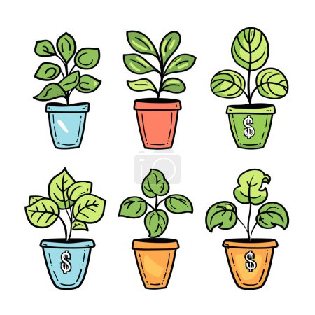 Six potted plants green leaves, pot has different color design, cartoon style drawing. Plants dollar signs depicted, suggesting financial growth, investment concepts, colorful illustration. Pots