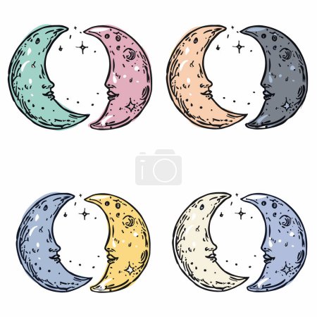 Four crescent moons facing other, colorful cartoon style, celestial bodies. Different colors pairs, starry sky elements, handdrawn moons. Moons exhibit facial features, colored green, pink, orange