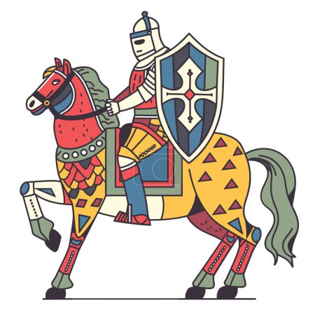 Knight mounted decorated horse holding shield lance, medieval armor helmet. Horse ornate caparison, knight traditional battle gear, heraldic shield. Flat style vector design historical warrior