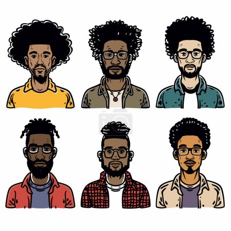 Six African American men portraits showing different hairstyles facial hair, casual attire. Young adult males expressive features, glasses, diverse shirt designs, digital art style. Colorful