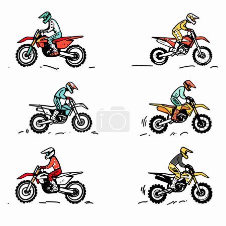 Sechs Motocross-Fahrer zeigten Sprünge und Tricks mit dem Dirt-Bike. Verschiedene Farben Designs zeigen lebendige Motocross-Bekleidung Motorrad-Stile. Actionreiche Vektorillustration erfasst Dynamik